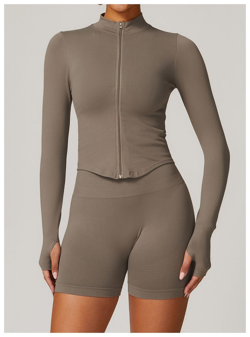 Jaqueta com zíper feminino colheita topos yoga camisetas sólidas esportes topo