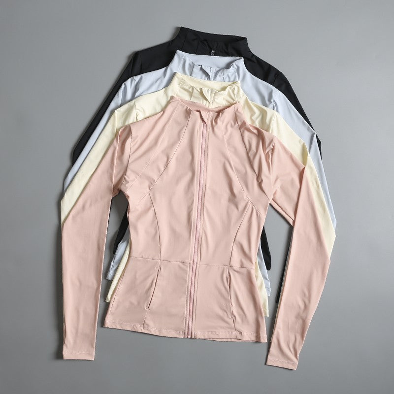 Rodada alta elástica yoga wear para senhoras, topo solto, manga longa, gola alt