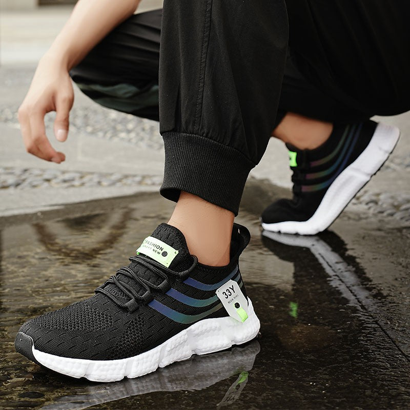 Homens sapatos esportivos confortáveis tênis leves ao ar livre malha preto tê