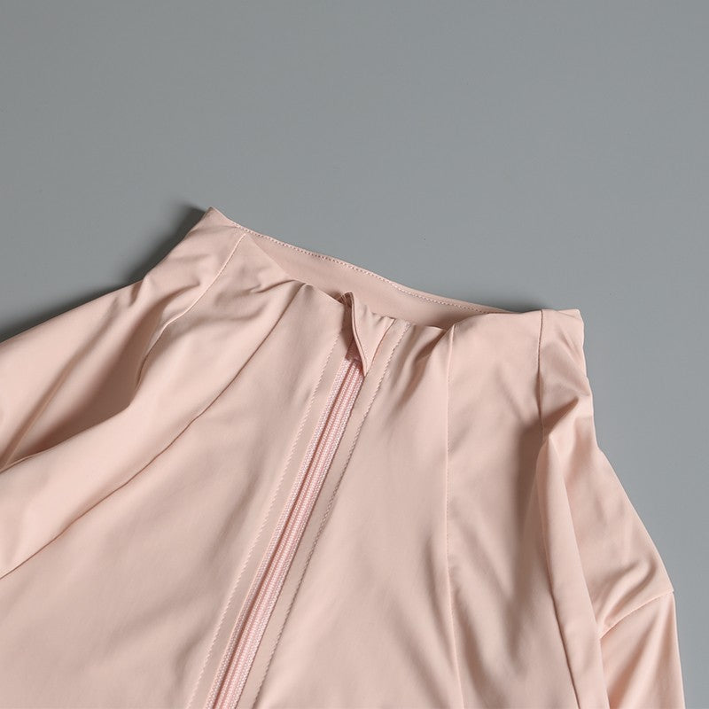 Rodada alta elástica yoga wear para senhoras, topo solto, manga longa, gola alt