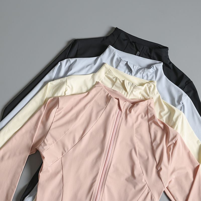 Rodada alta elástica yoga wear para senhoras, topo solto, manga longa, gola alt