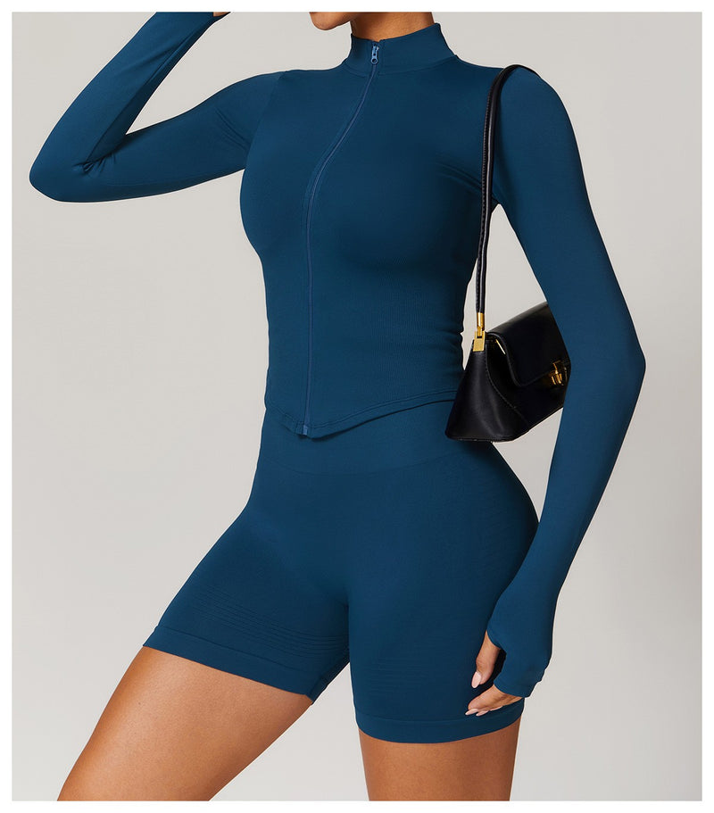 Jaqueta com zíper feminino colheita topos yoga camisetas sólidas esportes topo