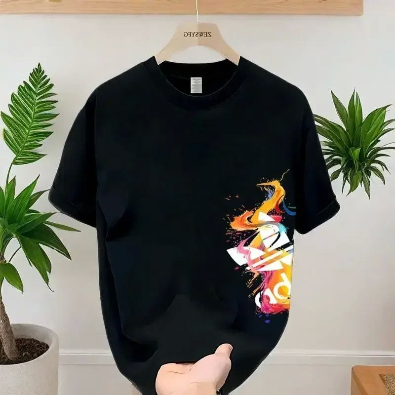 Verão novo casual masculino e feminino impresso de manga curta algodão camiset