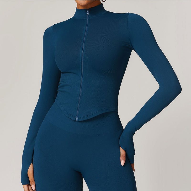 Jaqueta com zíper feminino colheita topos yoga camisetas sólidas esportes topo