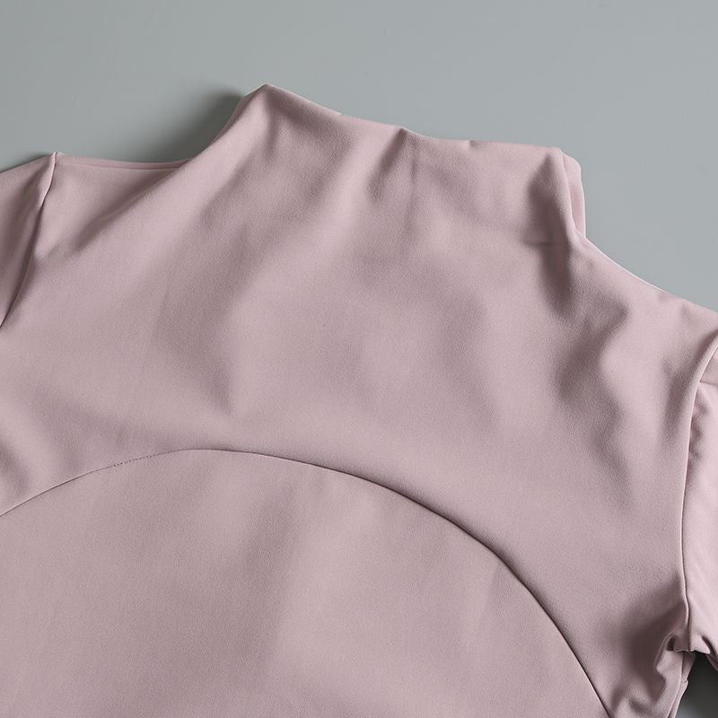 Rodada alta elástica yoga wear para senhoras, topo solto, manga longa, gola alt