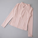 Rodada alta elástica yoga wear para senhoras, topo solto, manga longa, gola alt