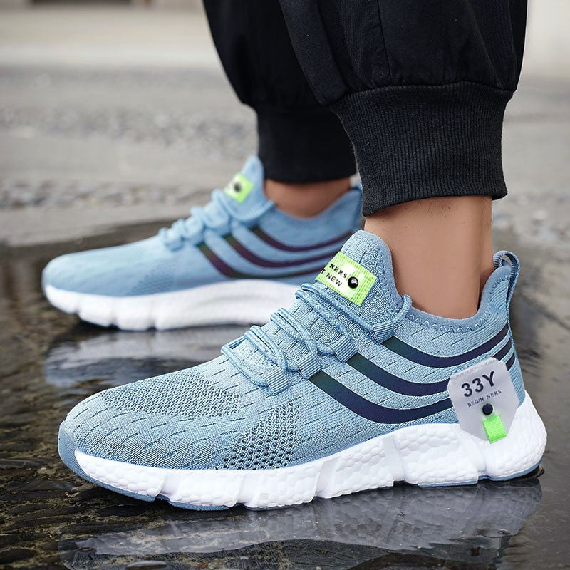 Homens sapatos esportivos confortáveis tênis leves ao ar livre malha preto tê