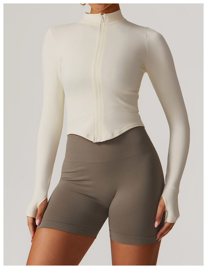 Jaqueta com zíper feminino colheita topos yoga camisetas sólidas esportes topo