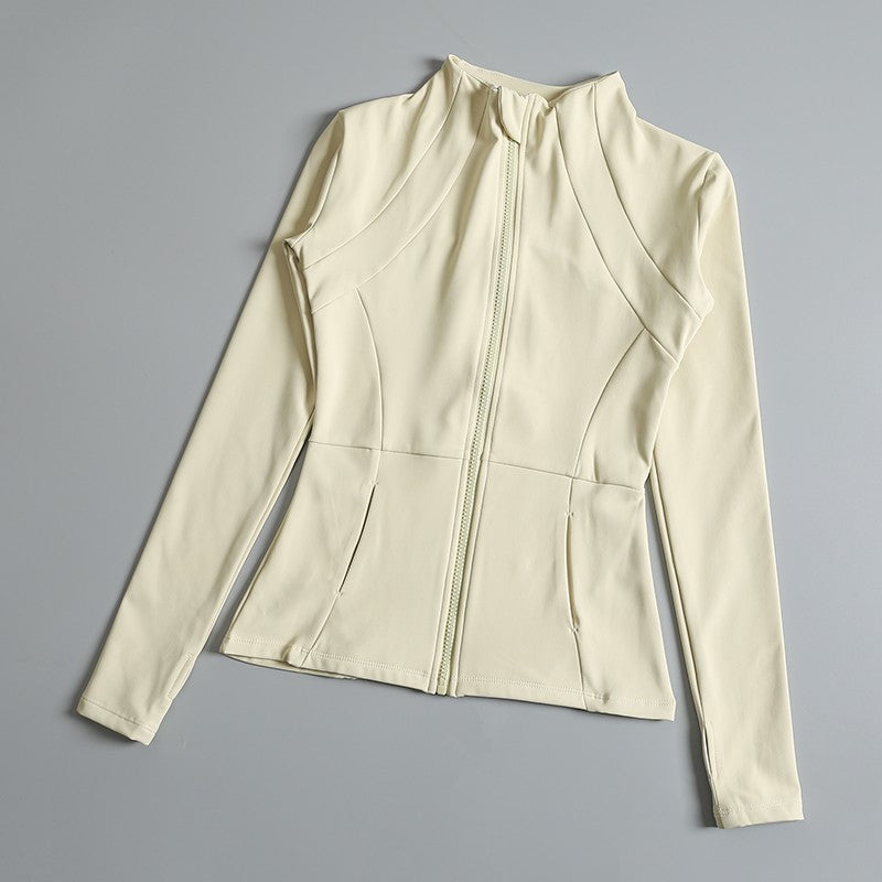 Rodada alta elástica yoga wear para senhoras, topo solto, manga longa, gola alt