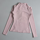 Rodada alta elástica yoga wear para senhoras, topo solto, manga longa, gola alt