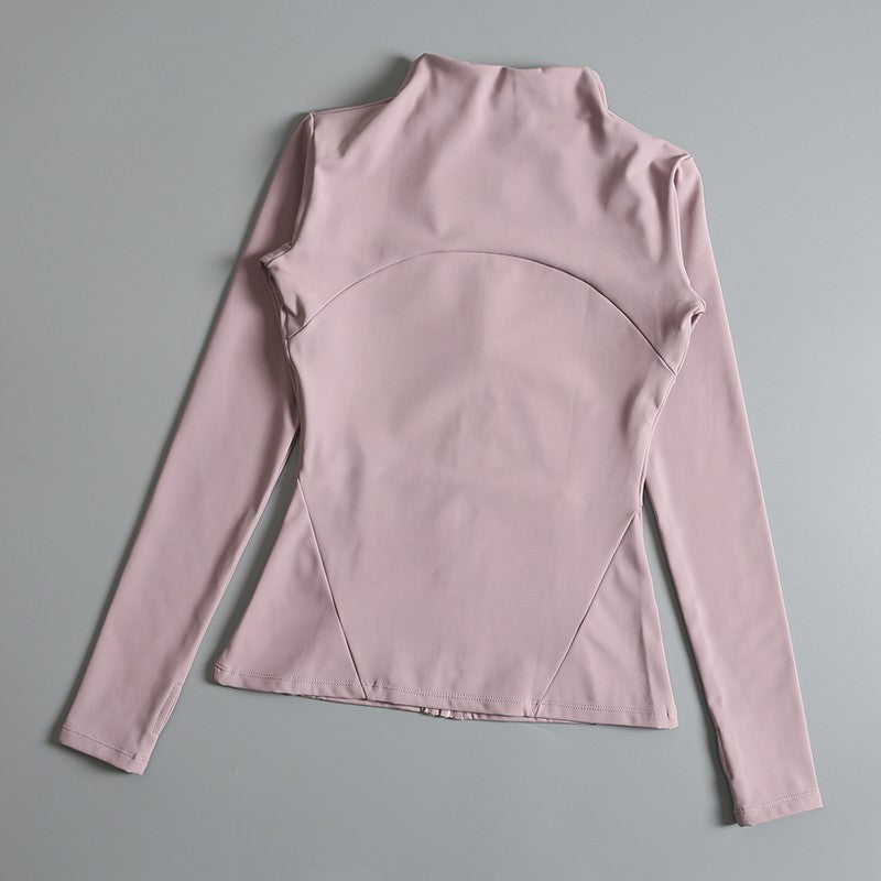 Rodada alta elástica yoga wear para senhoras, topo solto, manga longa, gola alt