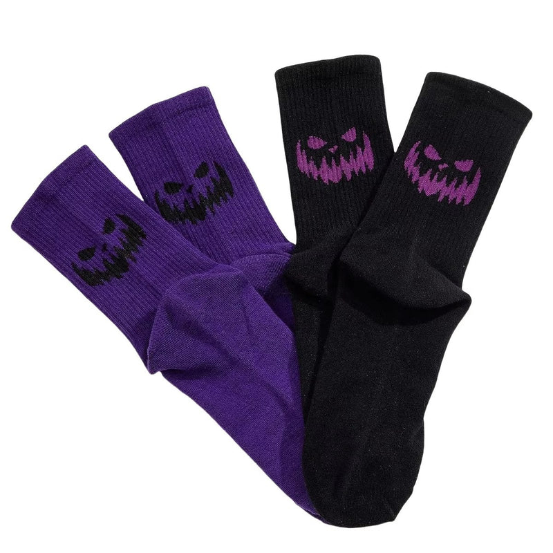 2 pares de meias masculinas e femininas, pretas e roxas, temáticas de Halloween