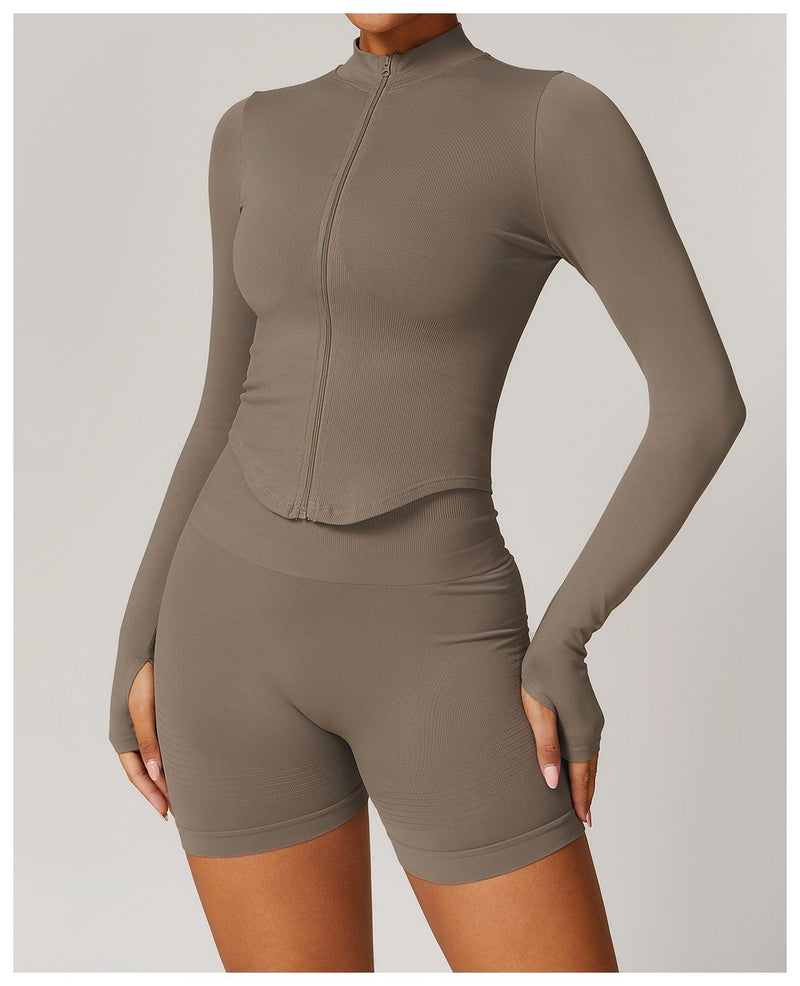 Jaqueta com zíper feminino colheita topos yoga camisetas sólidas esportes topo