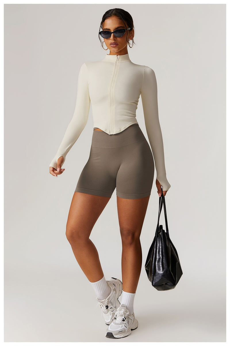 Jaqueta com zíper feminino colheita topos yoga camisetas sólidas esportes topo