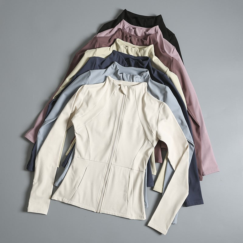 Rodada alta elástica yoga wear para senhoras, topo solto, manga longa, gola alt