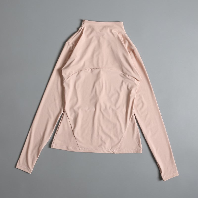 Rodada alta elástica yoga wear para senhoras, topo solto, manga longa, gola alt