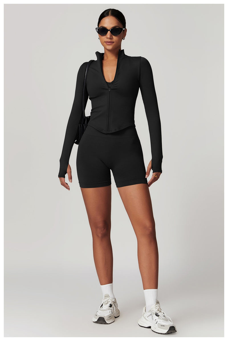 Jaqueta com zíper feminino colheita topos yoga camisetas sólidas esportes topo