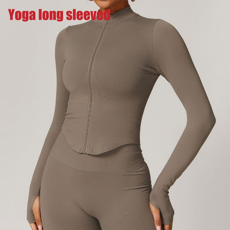 Jaqueta com zíper feminino colheita topos yoga camisetas sólidas esportes topo